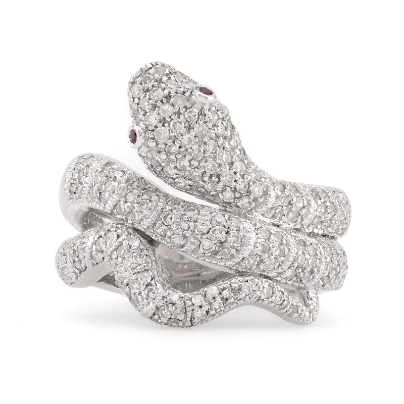 diamond solitaire wedding ring -Modern Diamond Ruby 18K White Gold Snake Ring