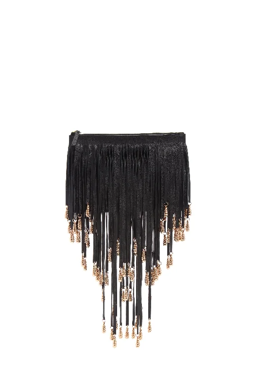 diamond band for wedding rings -Neith Fringe Pouch in Black Nappa Leather