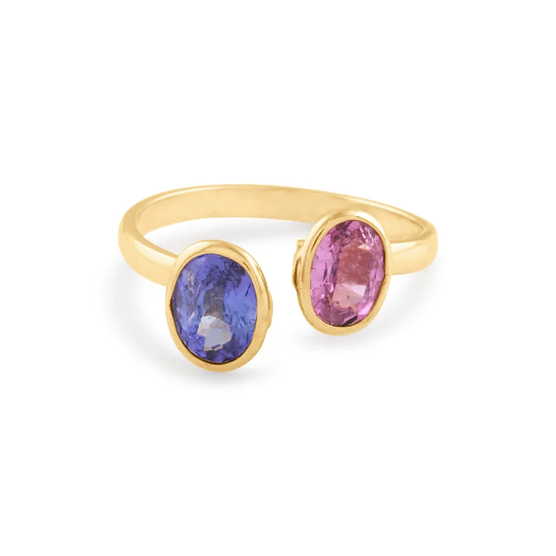 designer engagement ring for women -Pink Tourmaline & Tanzanite Oval Ring In 18K Yellow Gold