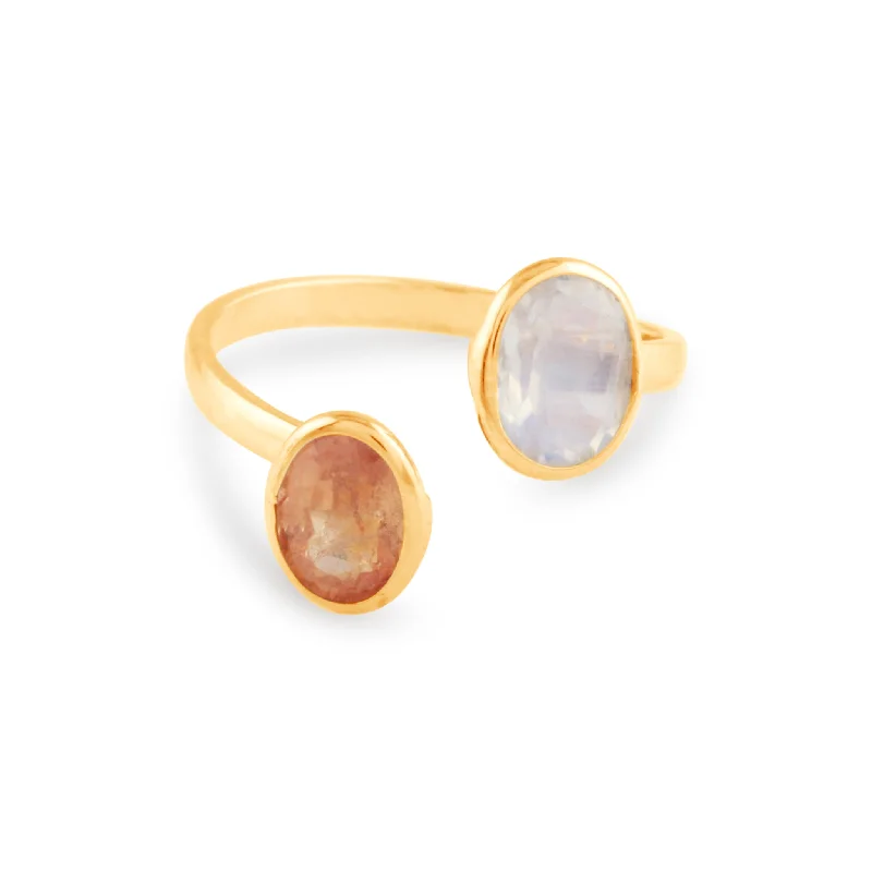 square wedding ring for women -Rainbow Moonstone & Orange Sapphire Oval Ring In 18K Yellow Gold