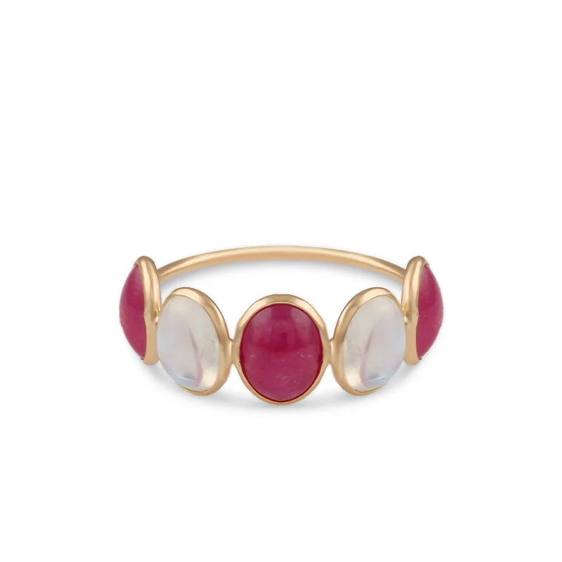 luxury wedding ring for women -Rainbow Moonstone & Ruby Oval Ring In 18K Yellow Gold