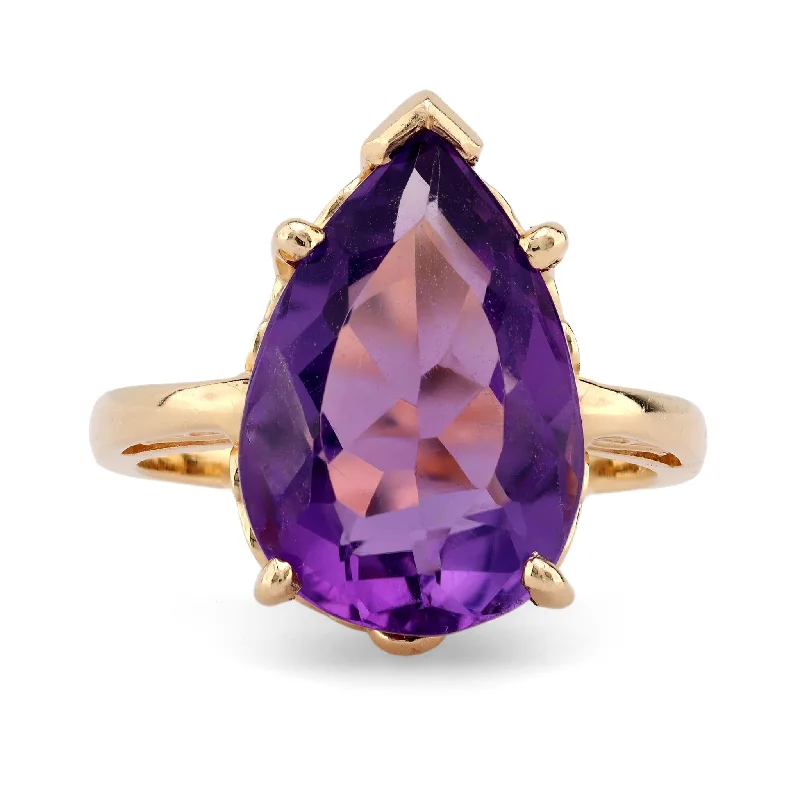 men’s custom-made wedding ring -Retro 5.8 Carat Pear Shape Amethyst 14K Yellow Gold Solitaire Ring