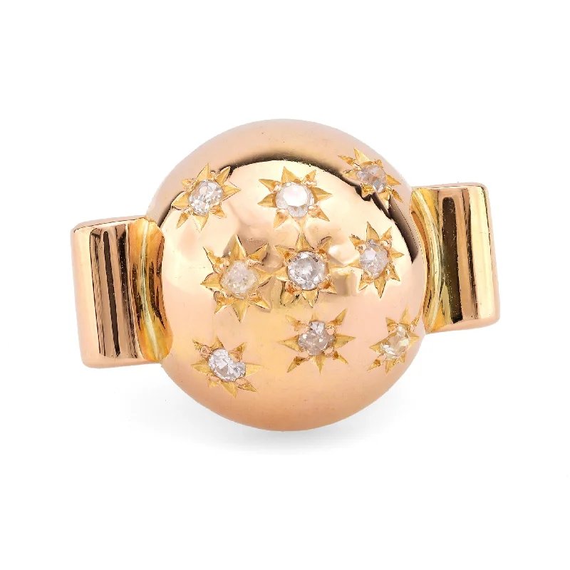 custom signet ring with initials -Retro French Diamond 18K Rose Gold Constellation Ball Ring