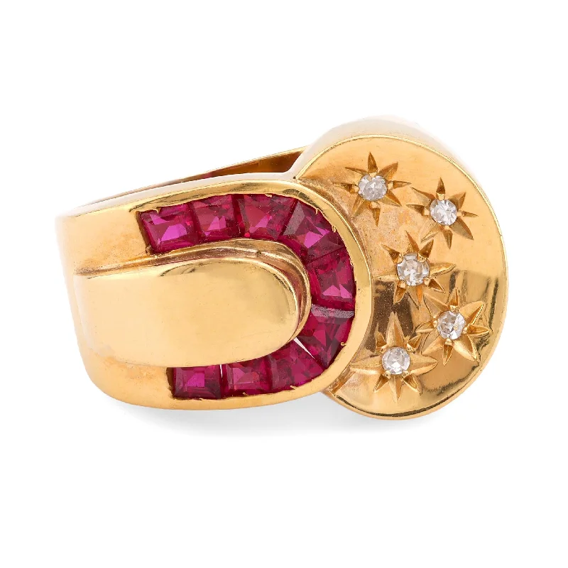 rose gold eternity band for women -Retro French Synthetic Ruby Diamond 18K Yellow Gold Ring