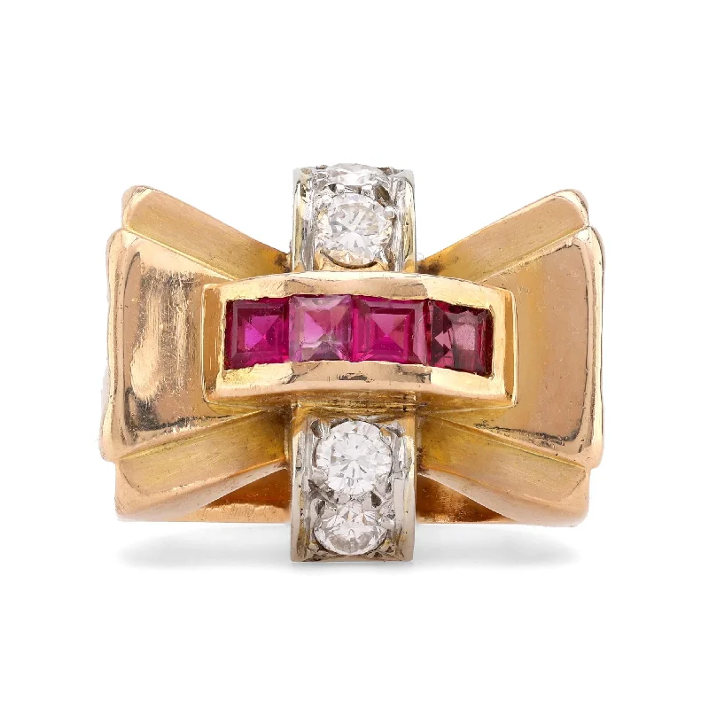 gold wedding ring set for couples -Retro Ruby Diamond 18K Yellow Gold Tank Ring