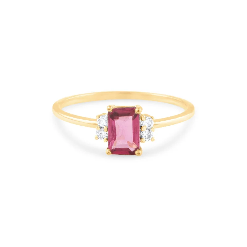 vintage-inspired engagement ring for women -Rhodolite Rect. & Diamond Round  Ring In 18K Yellow Gold