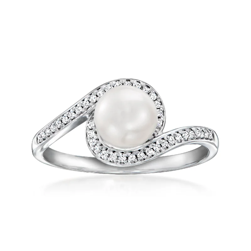 platinum ring for engagement -Ross-Simons 6.5-7mm Cultured Pearl and . Diamond Swirl Ring in Sterling Silver