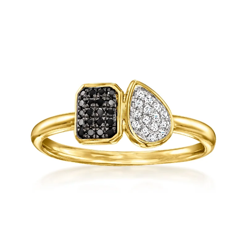 gemstone cluster wedding ring for women -Ross-Simons Black and White Diamond Toi Et Moi Ring in 18kt Gold Over Sterling