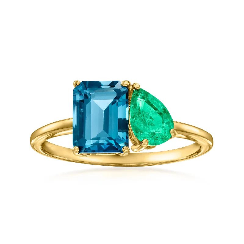 wedding ring with emerald accents -Ross-Simons London Blue Topaz and . Emerald Toi Et Moi Ring in 14kt Yellow Gold