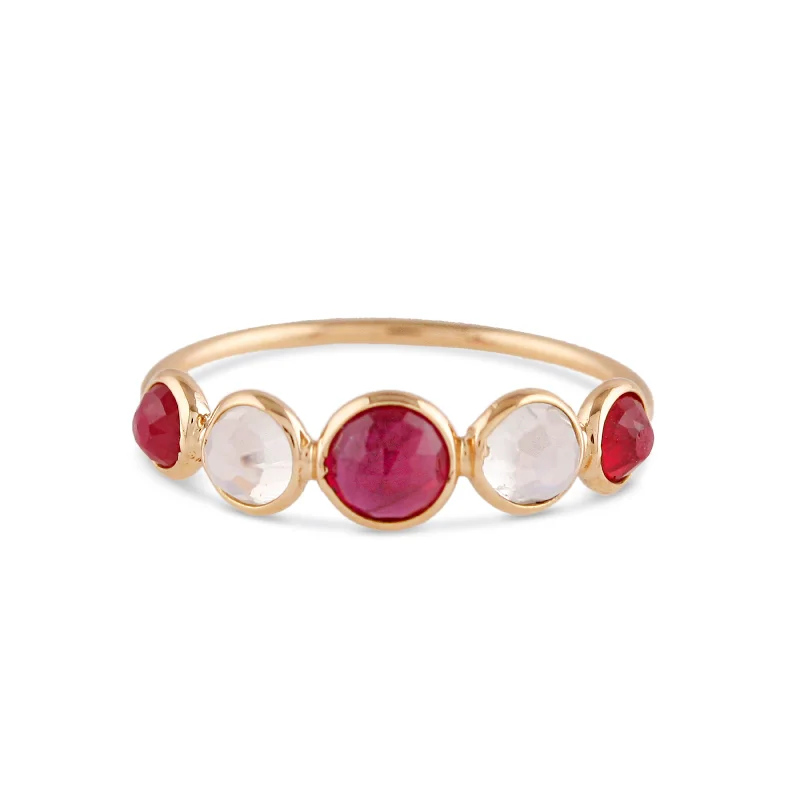 personalized stackable ring set -Ruby & Rainbow Moonstone Round Ring In 18K Yellow Gold