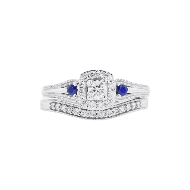 engagement ring with colored diamonds -Sparkling Three Stone Ready for Love Sapphire and Diamond Bridal Set