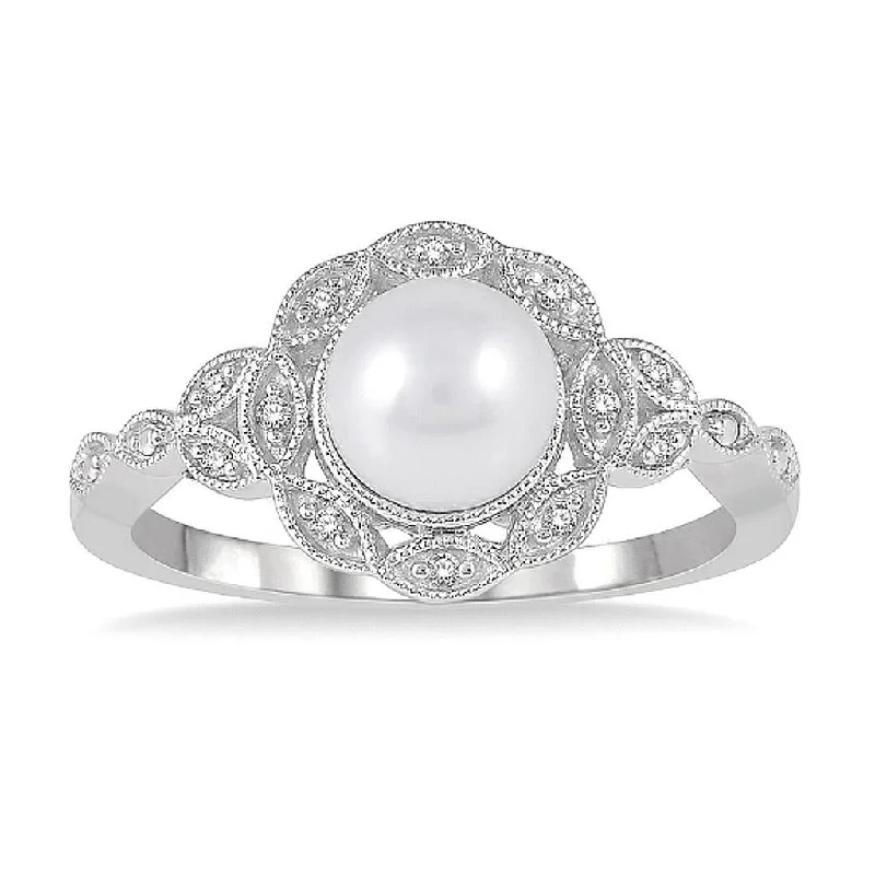 three-stone engagement ring for women -Sterling Silver Diamond And Pearl Fashion Ring