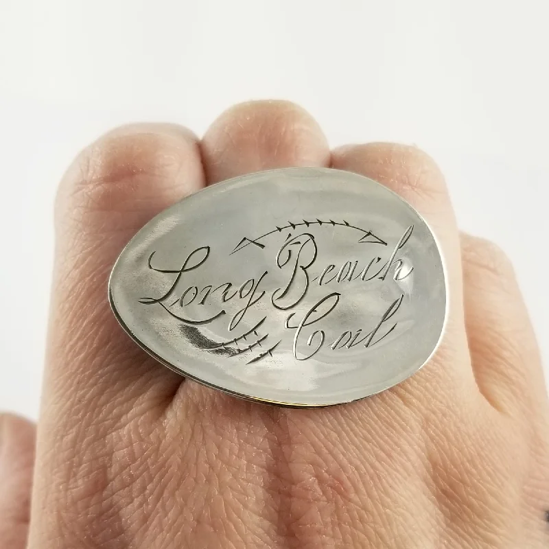 personalized wedding band for men -Sterling Silver Long Beach California Souvenir Spoon Statement Ring