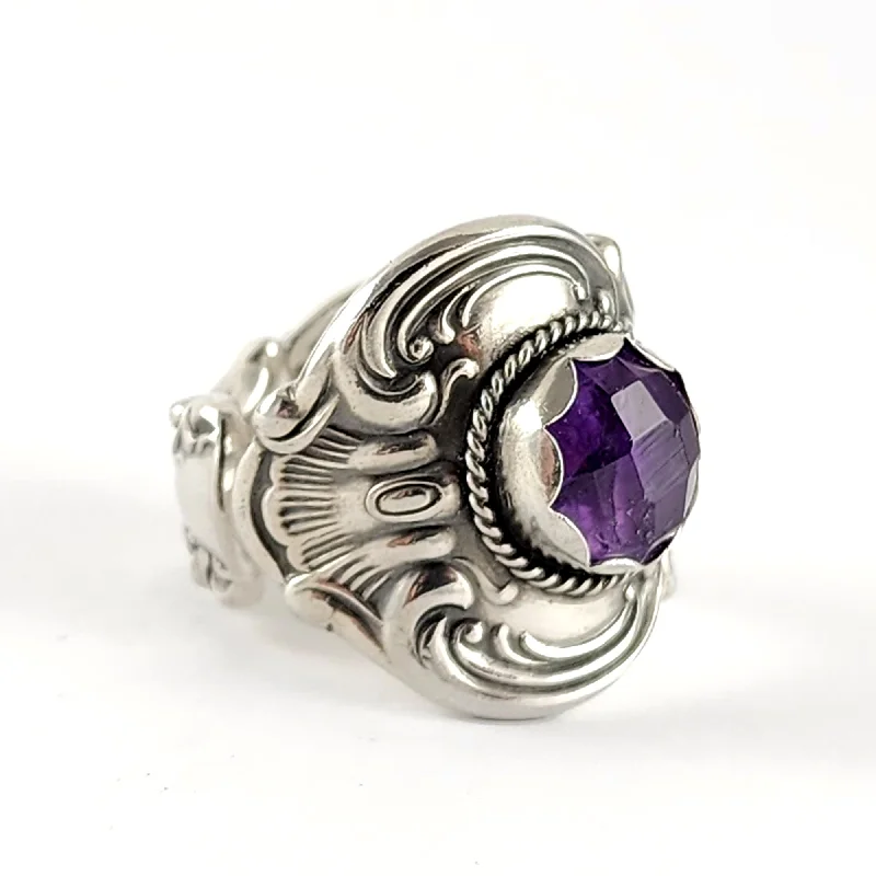 custom wedding band with stones -Sterling Silver Rose Cut Amethyst Spoon Ring Size 8.25