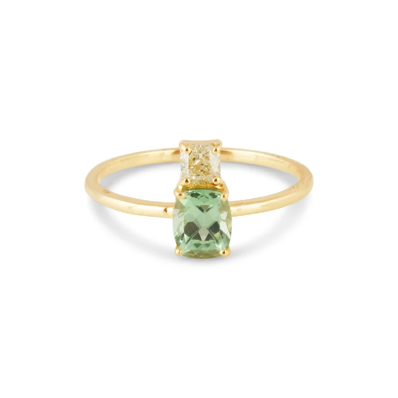 heart-shaped diamond ring for women -Tsavorite Rect. & Diamond Sq. Ring In 18K Yellow Gold