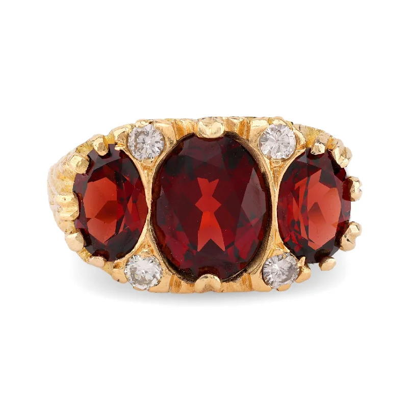 diamond wedding band for women -Victorian 4.2 Carat Oval Cut Garnet Diamond 18K Yellow Gold Three Stone Ring