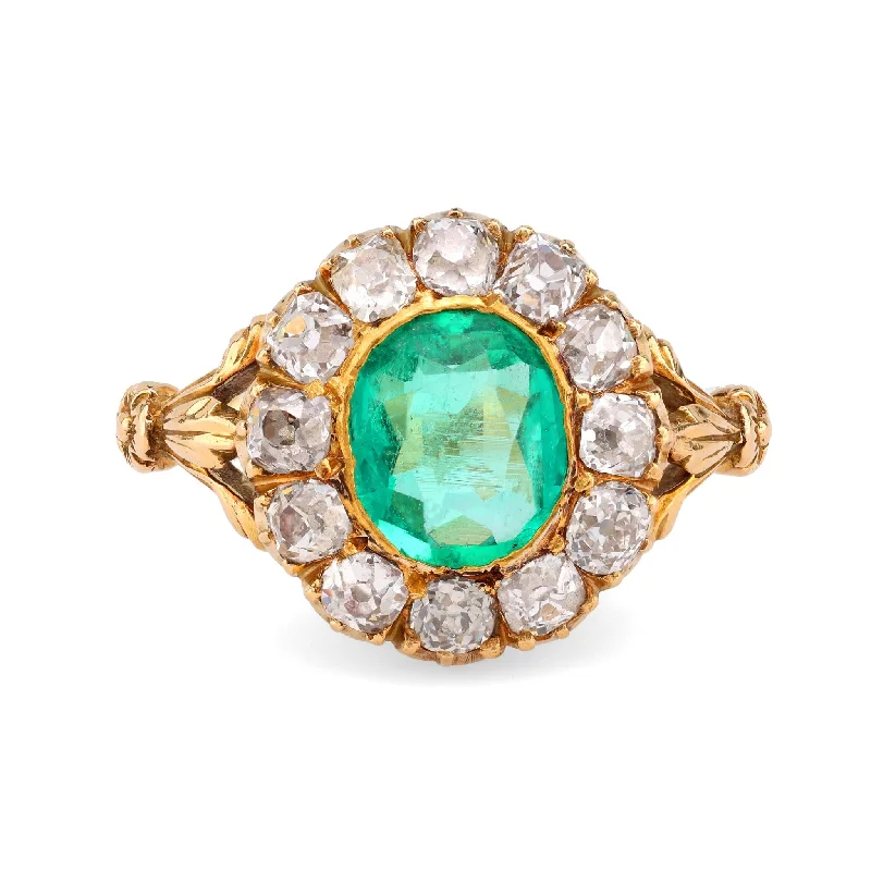 unique gemstone engagement ring -Victorian GIA 1 Carat Emerald Diamond 18K Yellow Gold Cluster Ring