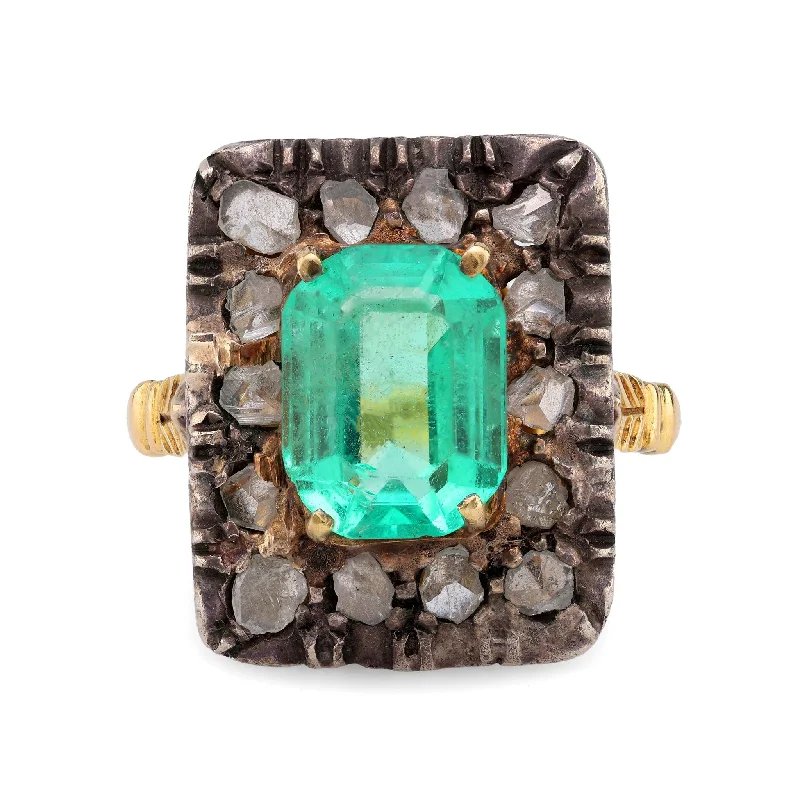 antique wedding ring for women -Victorian GIA 3 Carat Emerald Diamond 18K Yellow Gold Silver Square Ring