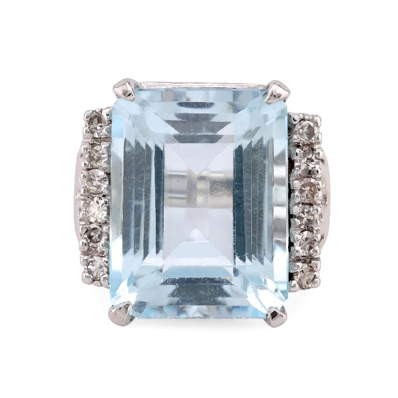 large gemstone ring for women -Vintage 15.3 Carat Aquamarine Diamond 14K White Gold Cocktail Ring