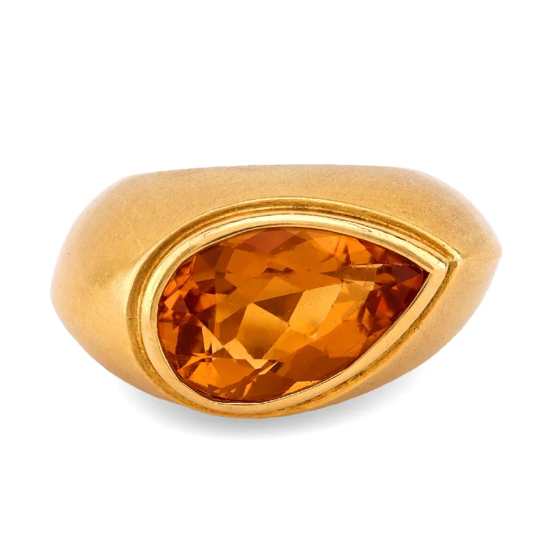 wedding band with custom engraving -Vintage 4.3 Carat Pear Shape Citrine 18K Yellow Gold Bezel Ring