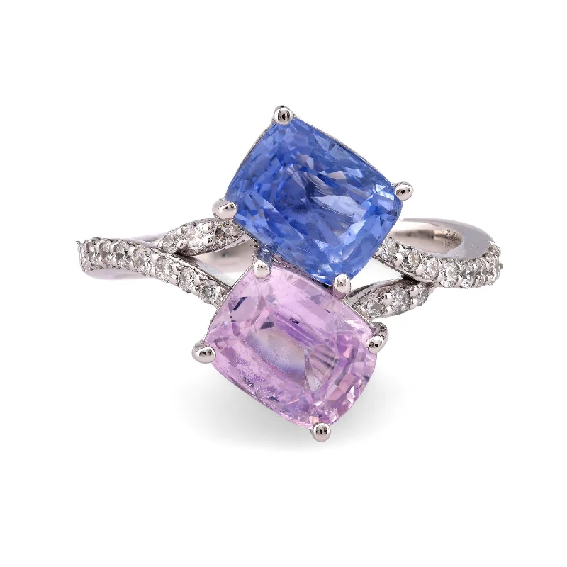 men’s ring with cubic zirconia -Vintage 4.43 Carat Blue and Pink Sapphire Diamond Platinum Toi Et Moi Ring