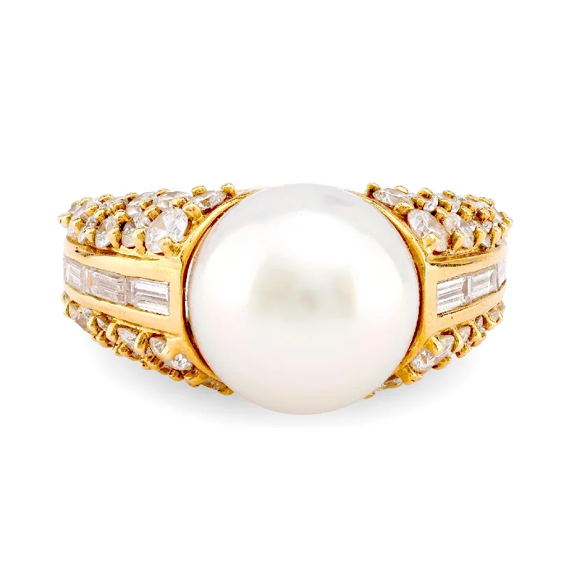 wedding ring with emerald accents -Vintage Cultured Pearl Diamond 18K Yellow Gold Cocktail Ring