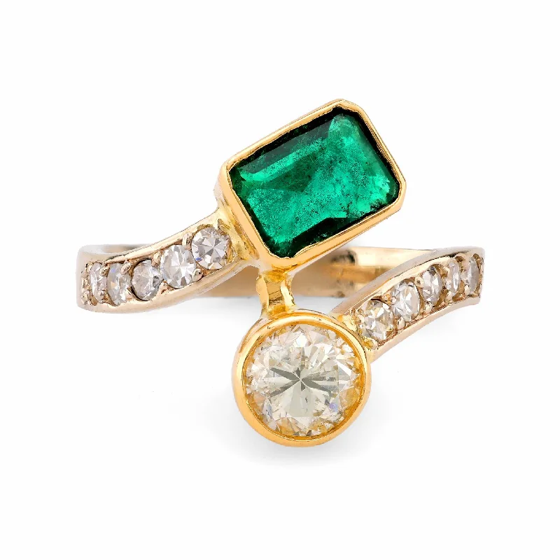 oval diamond engagement ring for women -Vintage Emerald Diamond 18K Yellow Gold Bypass Ring