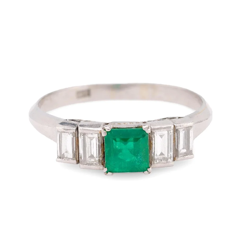 designer engagement ring for women -Vintage emerald diamond platinum five stone ring