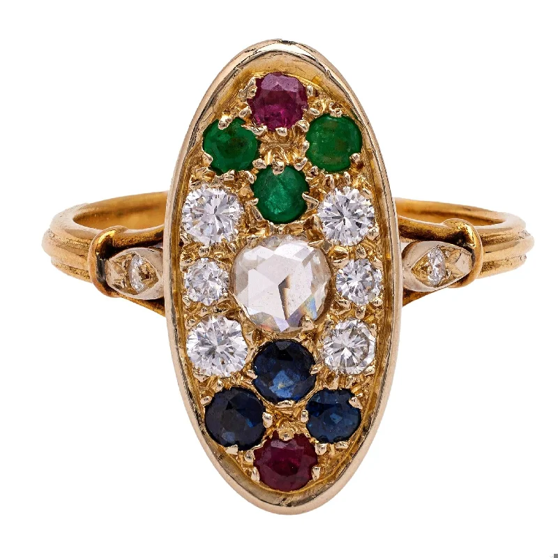 three-stone engagement ring for women -Vintage French Diamond and Gemstone 18k Yellow Gold Ring