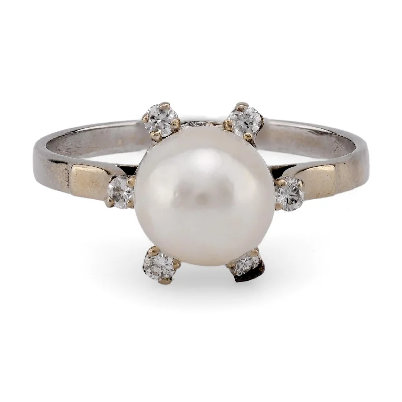 gemstone cluster ring for women -Vintage French Pearl Diamond 18K White Gold Solitaire Ring