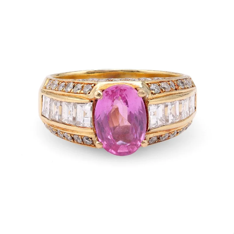 silver wedding band for women -Vintage GIA 1.94 Carat Madagascan Purplish Pink Sapphire Diamond 18k Yellow Gold