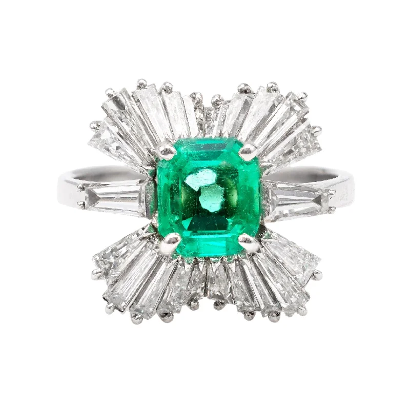 unique engagement band for women -Vintage GIA Colombian Emerald Diamond Platinum Ballerina Cocktail Ring