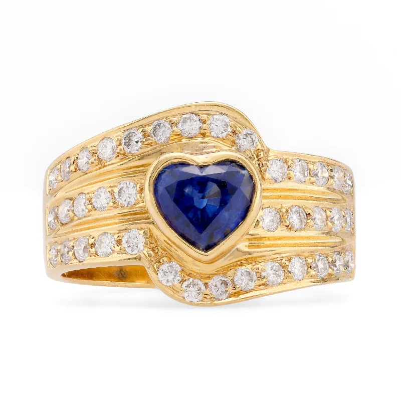 custom silver ring for couples -Vintage Heart Shape Sapphire Diamond 18K Yellow Gold Ring