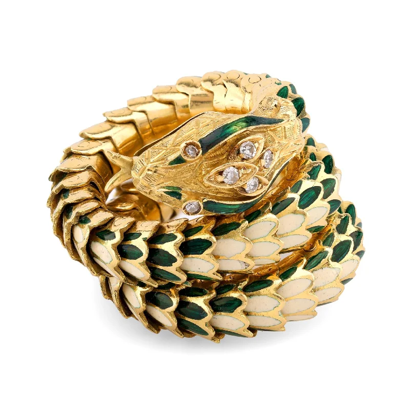 men’s classic wedding ring -Vintage Italian Diamond 18K Gold Green and White Enamel Chunky Snake Wrap Ring