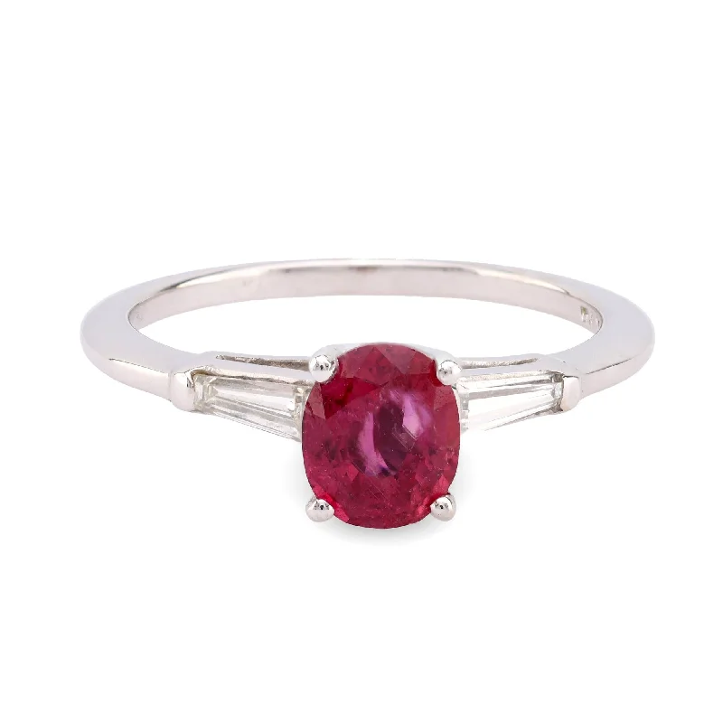 sapphire engagement ring for women -Vintage Ruby Diamond 14K White Gold Three Stone Ring