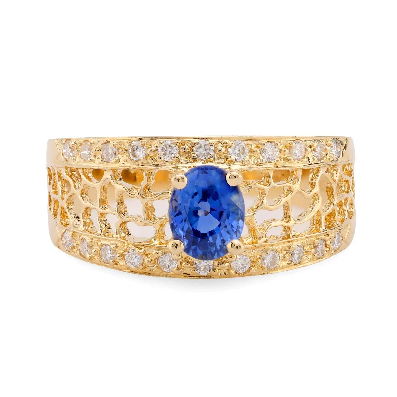 promise ring with engraving for couples -Vintage Sapphire Diamond 18K Yellow Gold Filigree Band