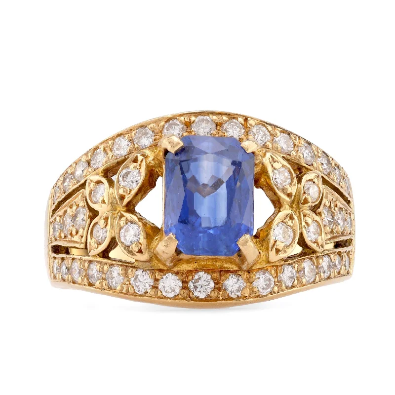 gold engagement ring for women -Vintage Sapphire Diamond 18K Yellow Gold Ring