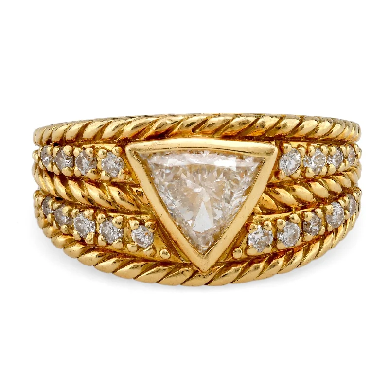 silver wedding band for women -Vintage Triangle Cut Diamond 18K Yellow Gold Braided Ring