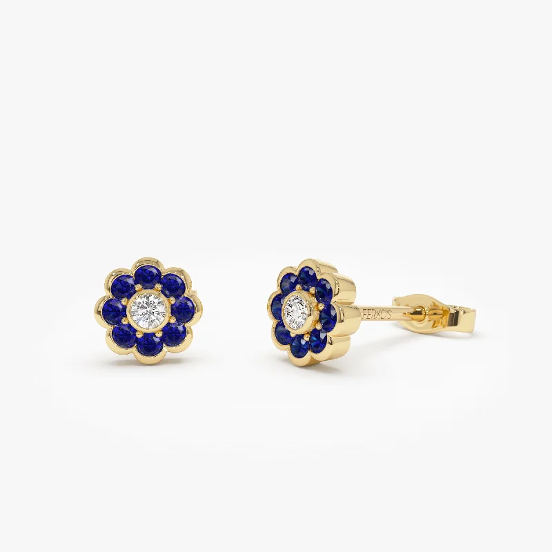 Silver and gemstone earrings for unique designs -14K Bezel Setting Sapphire Flower Diamond Studs