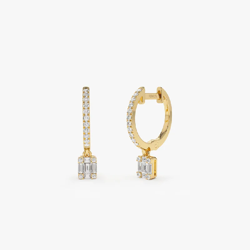 Pearl drop earrings for elegant evening wear -14k Diamond Huggie Earrings with Dangling Illusion Set Baguette Diamonds