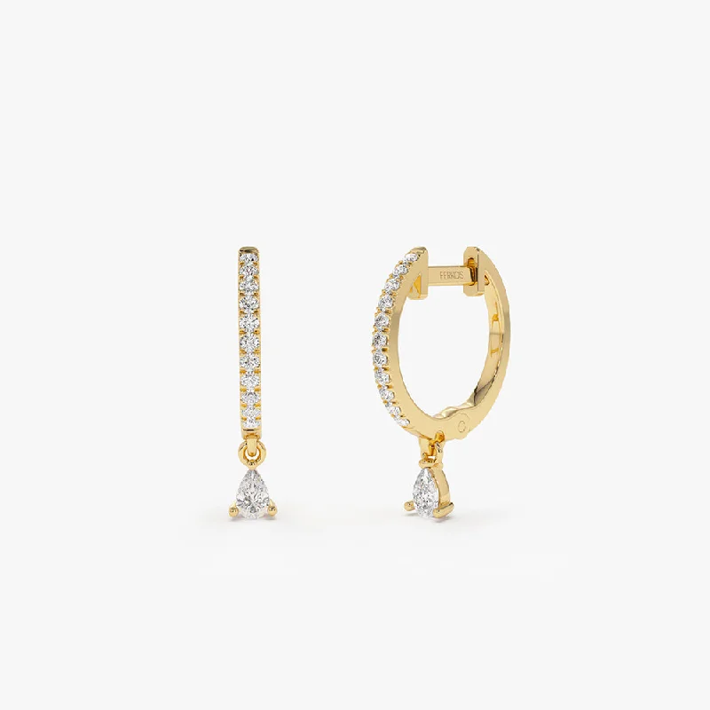 Minimalist gold earrings for casual chic -14k Diamond Huggies with a Dangling Pear Shape Diamond