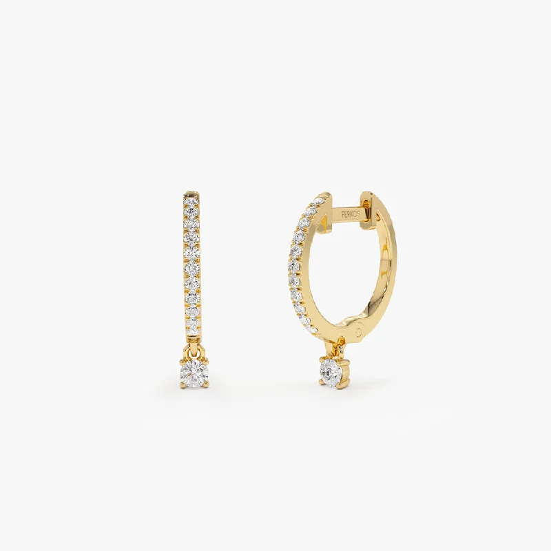 Vintage crystal earrings for retro-inspired looks -14k Diamond Huggies with a Dangling Round Diamond