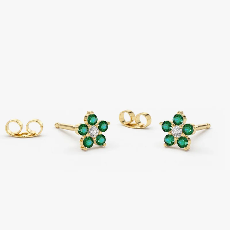 Artistic gemstone earrings for creative looks -14K Emerald and Diamond Flower Studs