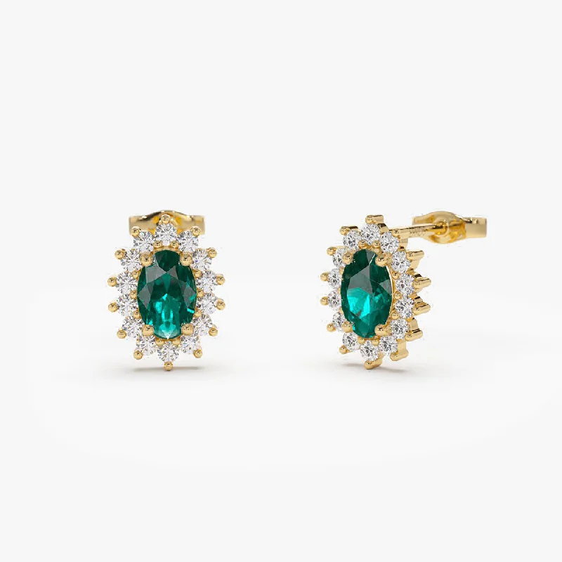 Colorful crystal earrings for bright accents -14k Emerald Earrings with Halo Diamonds