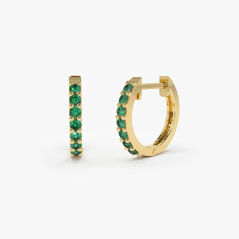 Trendy drop earrings for modern outfits -14K Gold Emerald Huggie Hoop Earrings