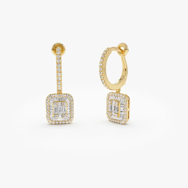 Luxury drop earrings with diamonds -14k Illusion Setting Baguette Diamond Dangling Hoop Earrings