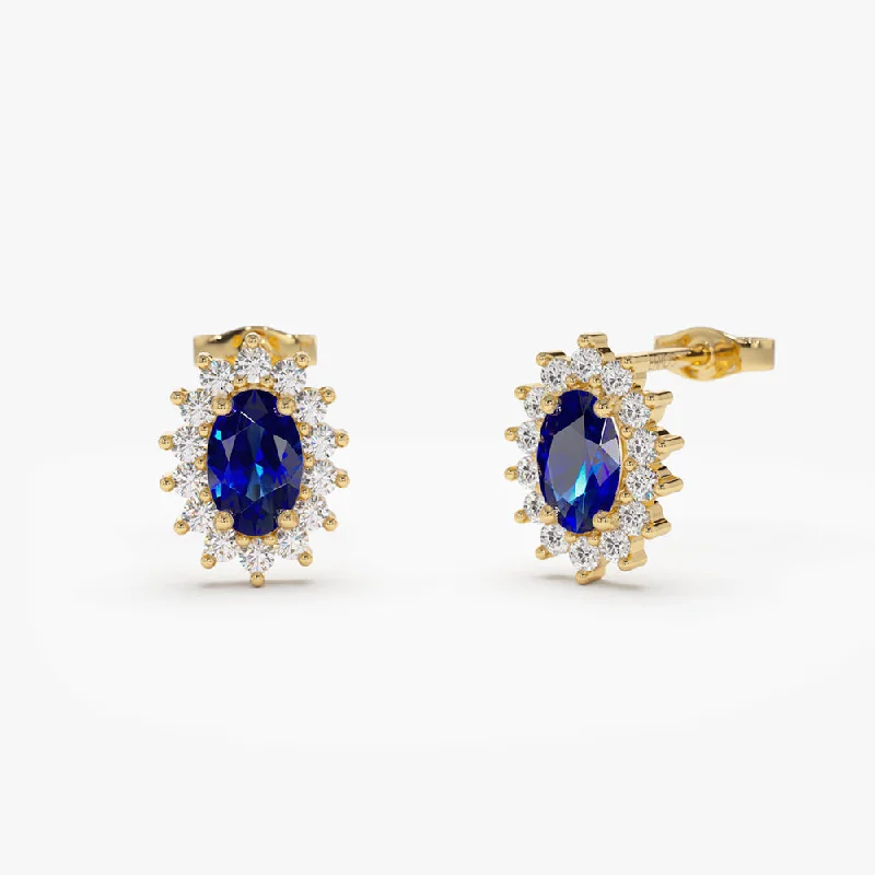 Vintage inspired crystal earrings for timeless beauty -14k Oval Cut Blue Sapphire Earrings with Diamonds