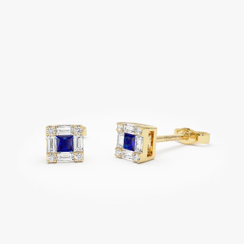 Gold ear cuffs for a bold fashion statement -14K Princess-Cut Sapphire Stud Earrings with Diamond Halo