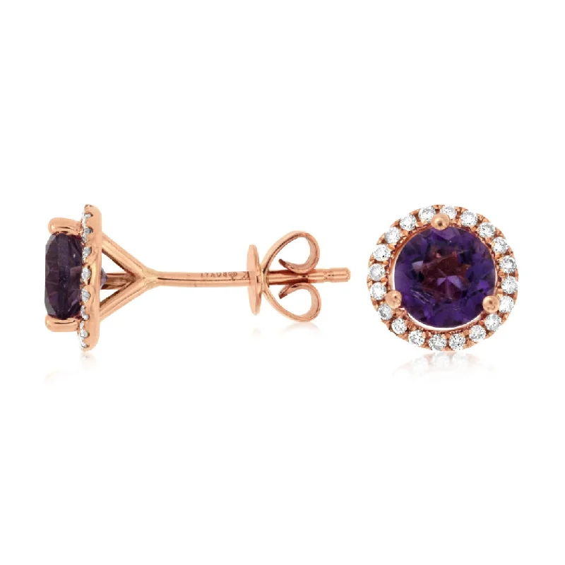 Luxury drop earrings with diamonds -14K Rose Gold Amethyst & Diamond Stud Earrings