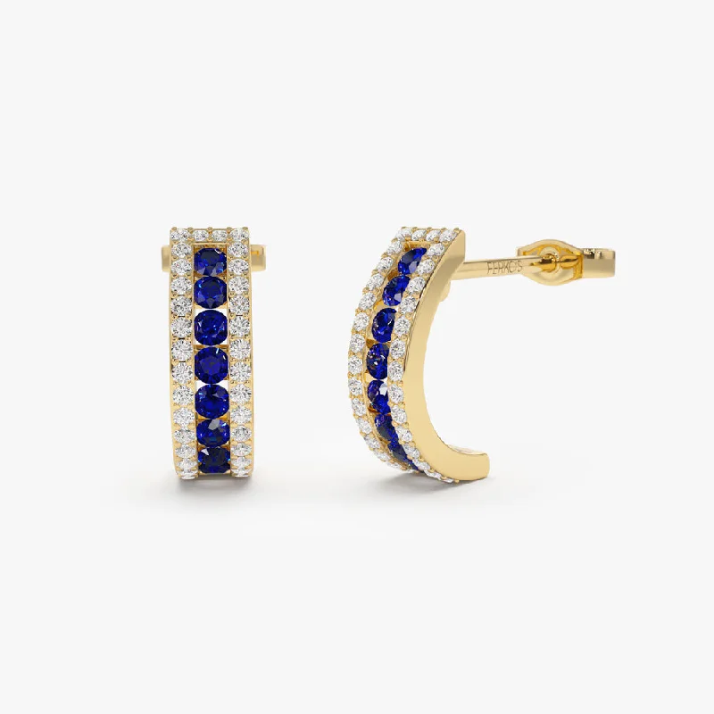 Trendy gold hoop earrings for fashionable women -14k Sapphire and Round Diamond Hoop Earrings